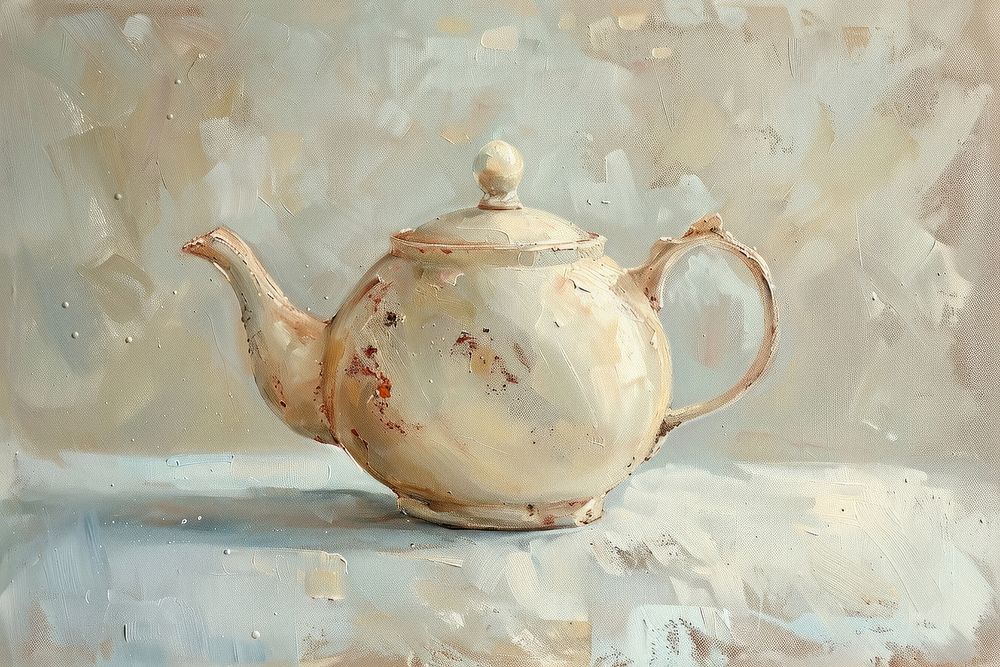 Oil painting of a close up on pale teapot drink art porcelain.