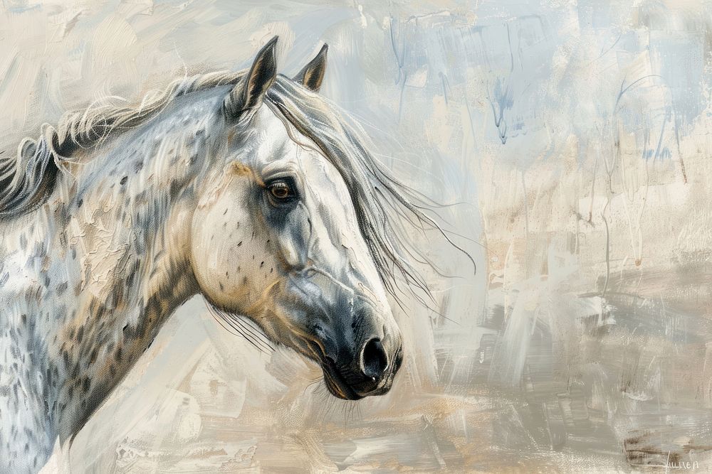 Oil painting of a close up on pale horse drawing animal mammal.
