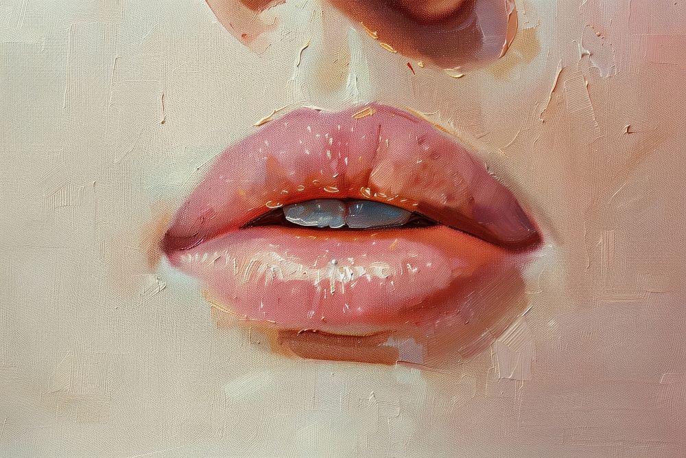 Oil painting of a close up on pale lips freshness headshot portrait.