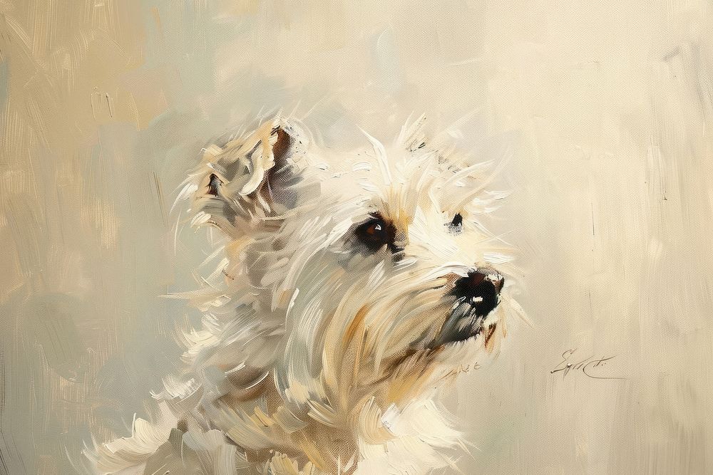 Oil painting of a close up on pale dog terrier drawing animal.