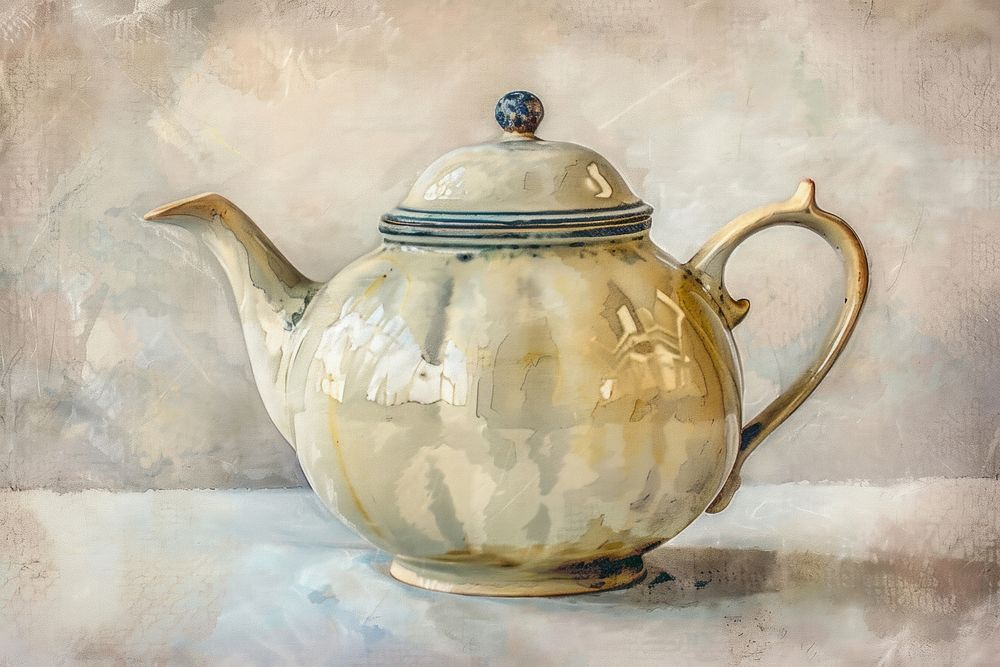 Oil painting of a close up on pale teapot old refreshment ammunition.