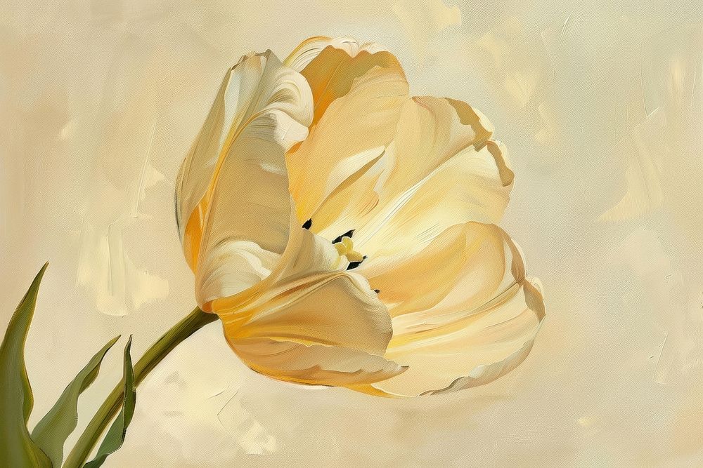 Oil painting of a close up on pale tulip flower petal plant.