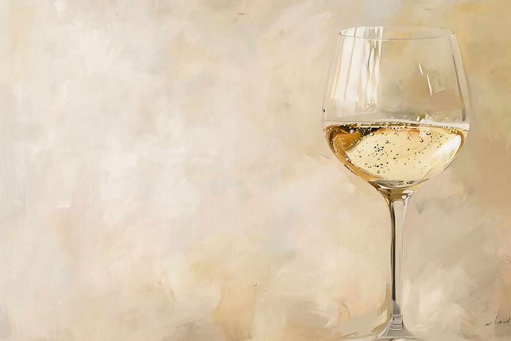 Oil painting of a close up on pale champagne glass drink wine.