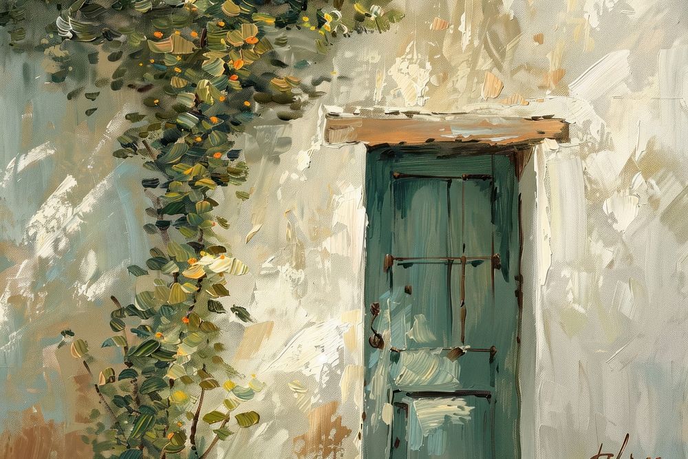 Oil painting of a close up on pale home backgrounds drawing door.