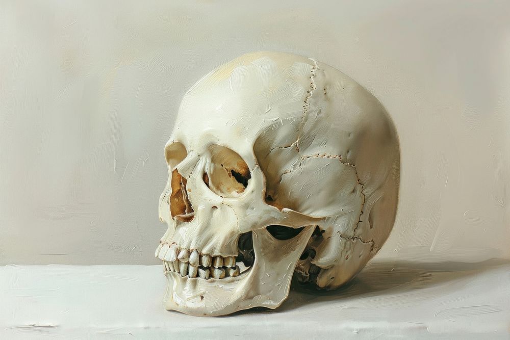 Oil painting of a close up on pale skull anthropology sculpture history.