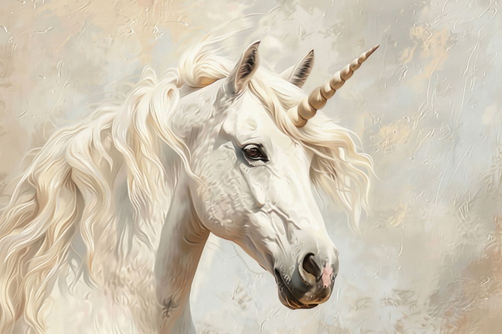 Oil painting of a close up on pale unicorn stallion animal mammal.