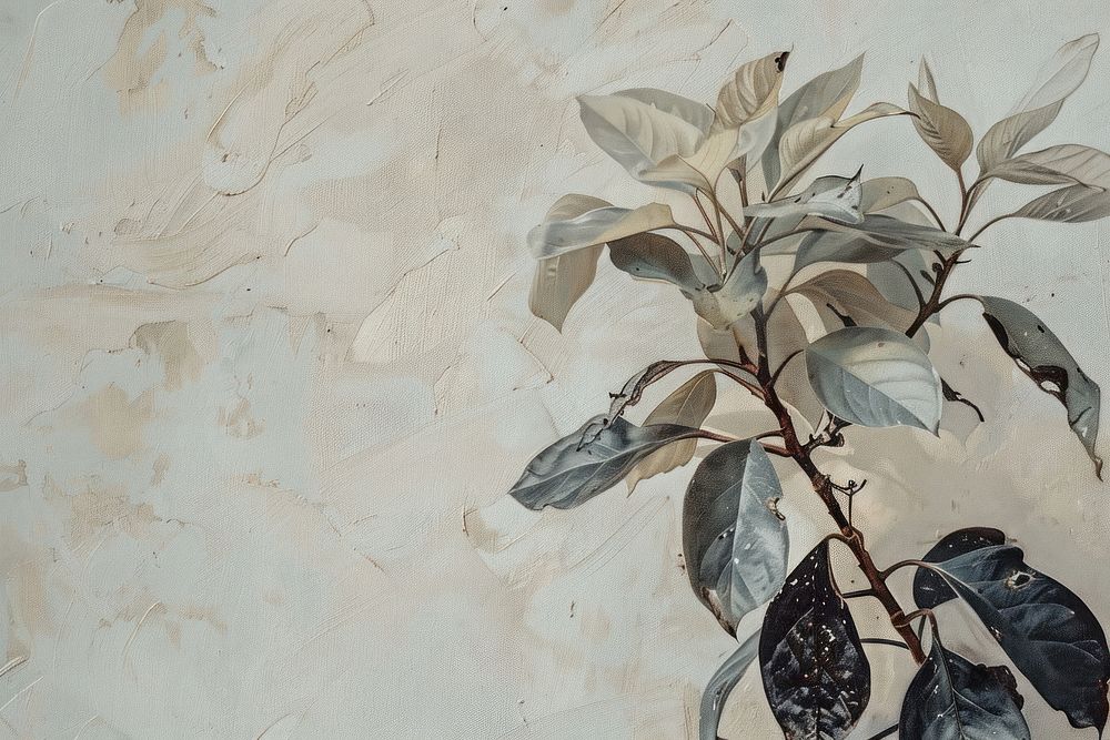 Oil painting of a close up on pale plant drawing leaf wall.