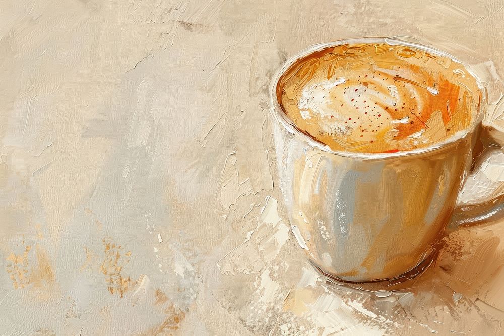 Oil painting of a close up on pale coffee drawing drink cup.
