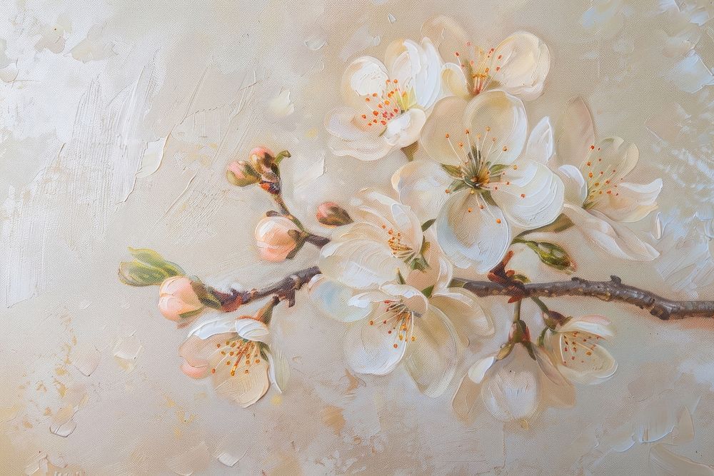 Oil painting of a close up on pale cherry blossom backgrounds flower plant.