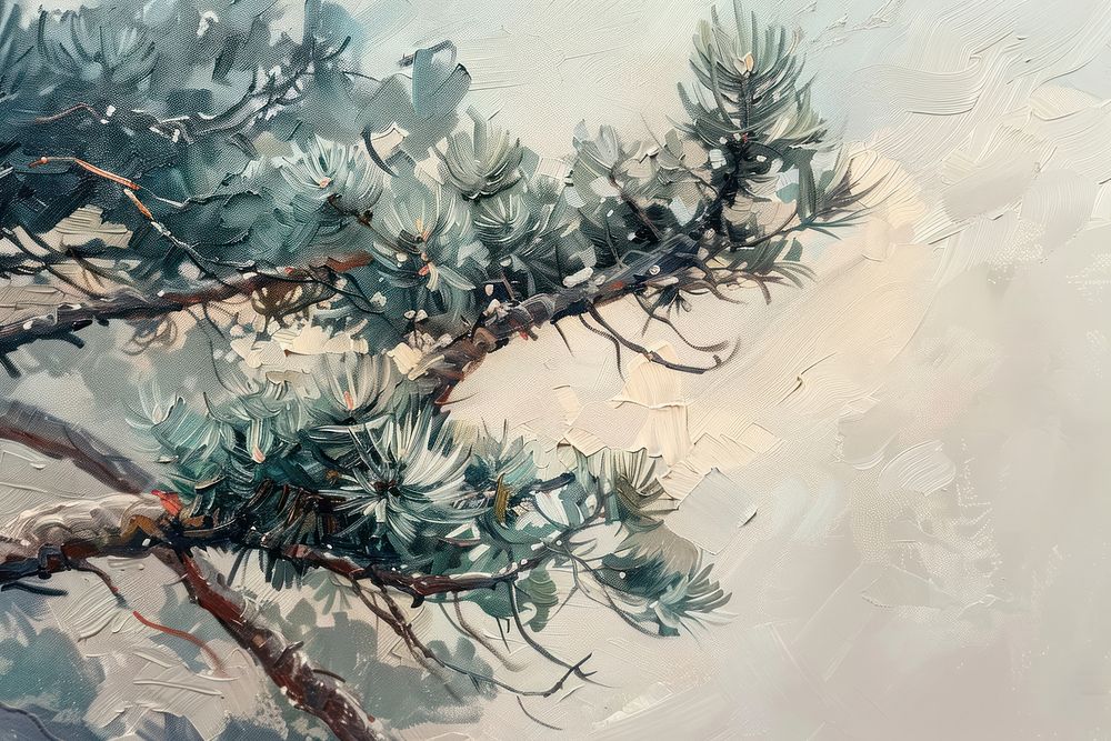 Oil painting of a close up on pale pine tree drawing backgrounds outdoors.