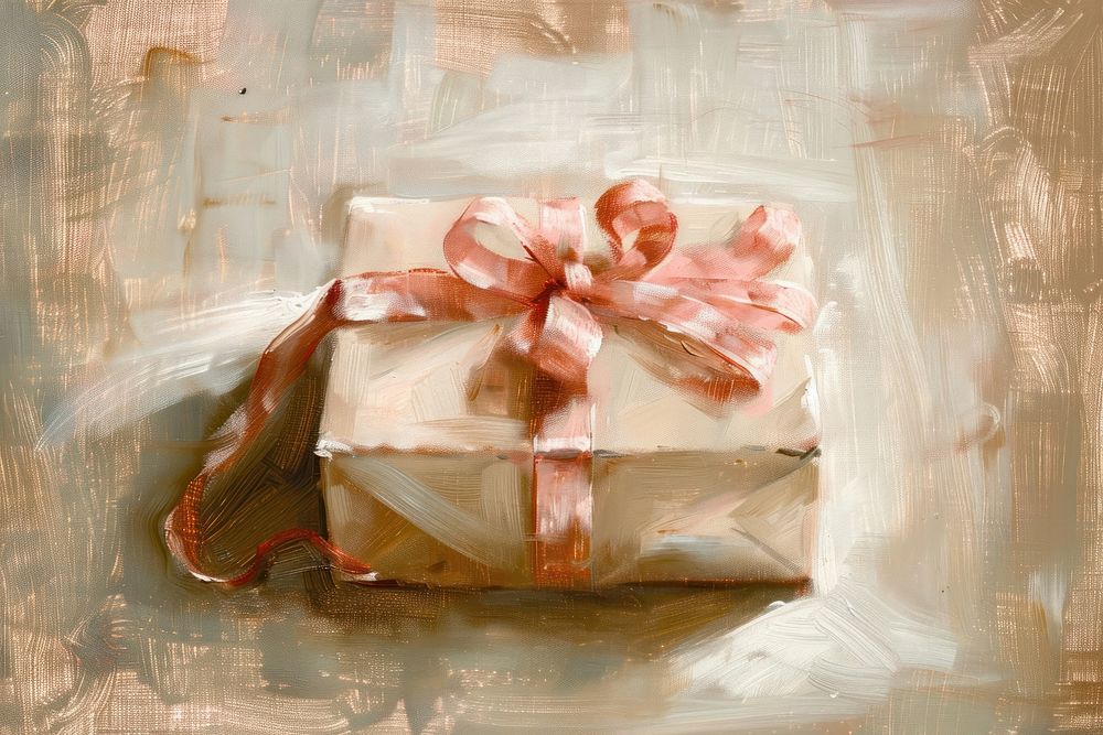 Oil painting of a close up on pale gift box celebration decoration surprise.