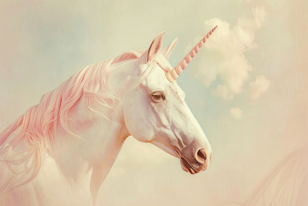 Oil painting of a close up on pale unicorn drawing animal mammal.