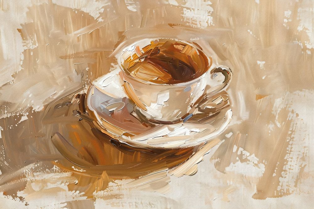 Oil painting of a close up on pale coffee backgrounds drawing saucer.