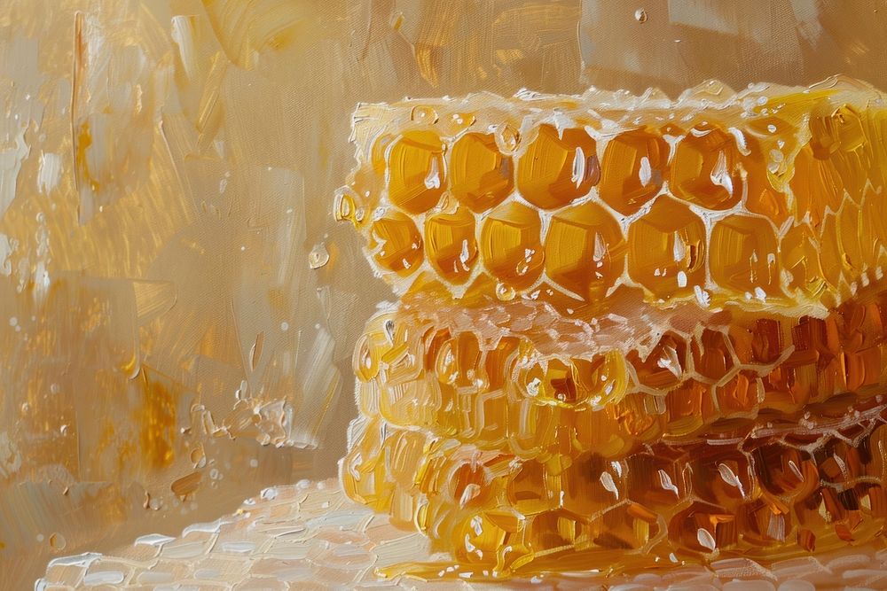Oil painting of a close up on pale honey backgrounds honeycomb food.