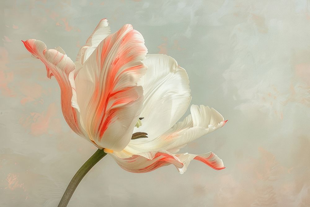 Oil painting of a close up on pale tulip blossom flower petal.