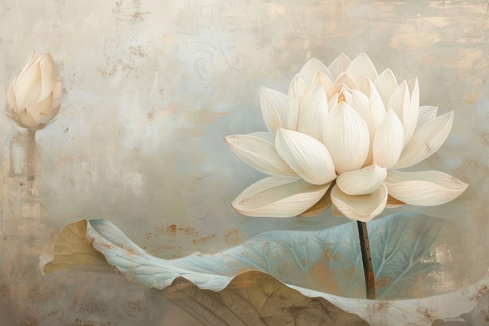 Oil painting of a close up on pale lotus flower petal plant.