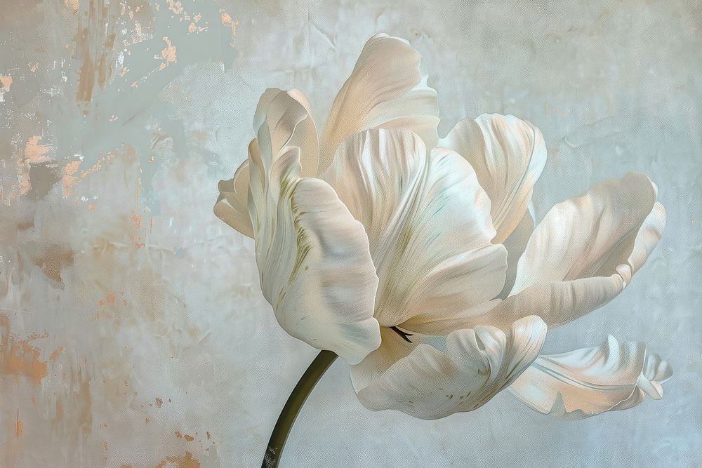 Oil painting of a close up on pale tulip flower petal plant.