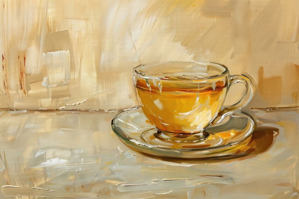 Oil painting of a close up on pale tea saucer drink cup.
