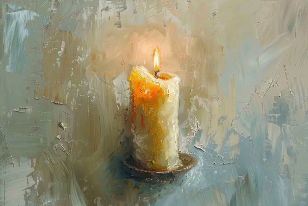 Oil painting of a close up on pale candle spirituality illuminated candlestick.