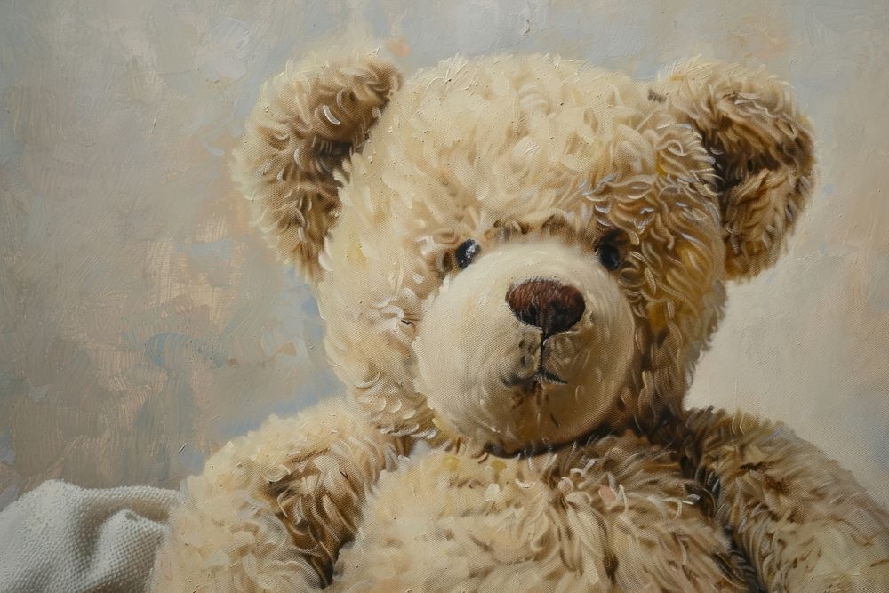 Oil painting of a close up on pale teddy bear mammal toy representation.