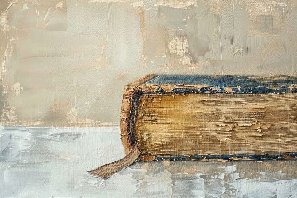 Oil painting of a close up on pale book backgrounds textured indoors.