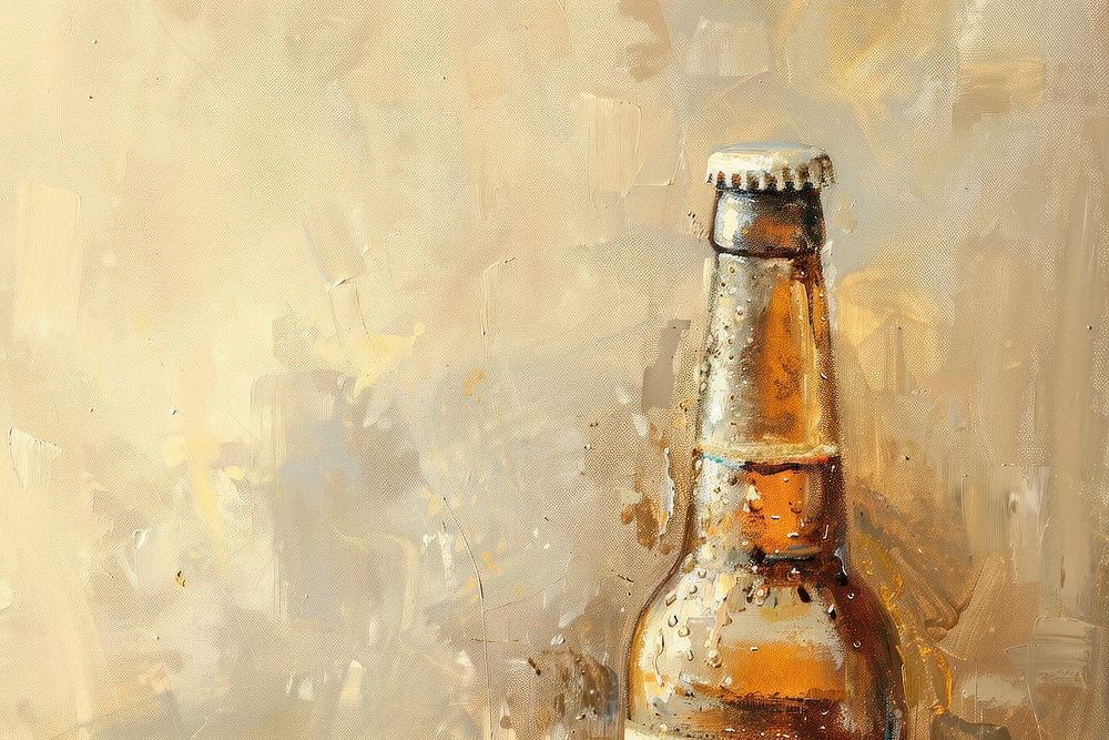 Oil painting of a close up on pale beer bottle drink condensation refreshment.