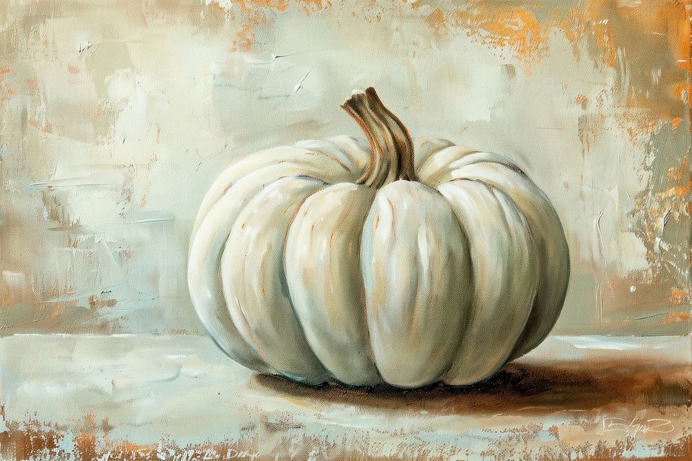 Oil painting of a close up on pale pumpkin vegetable drawing garlic.