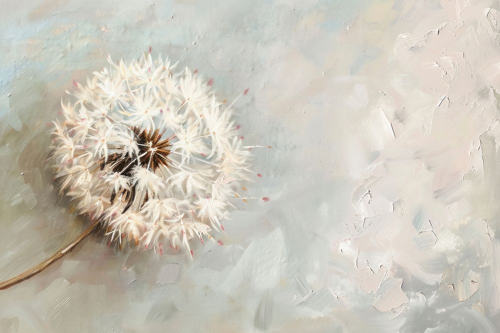 Oil painting of a close up on pale fireworks backgrounds dandelion flower.