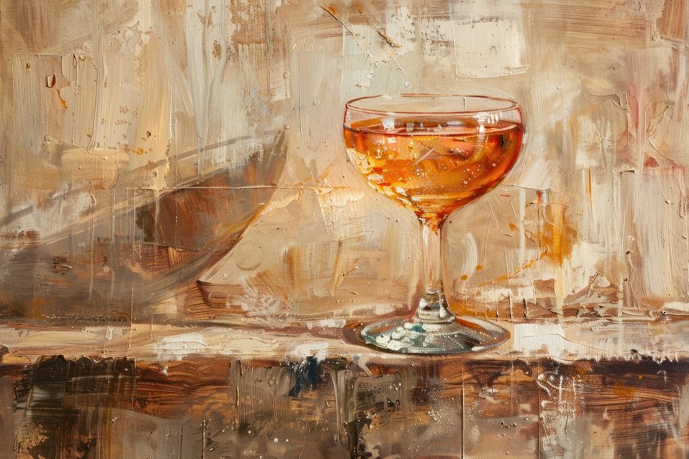 Oil painting of a close up on pale cocktail glass drink refreshment.