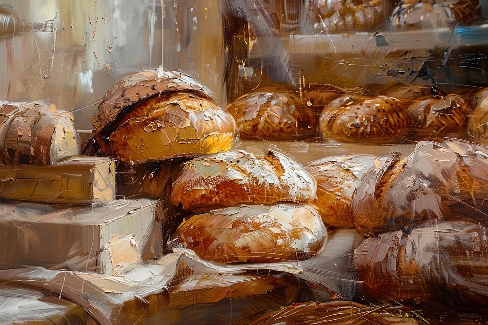 Oil painting of a close up on pale bakery bread food viennoiserie.
