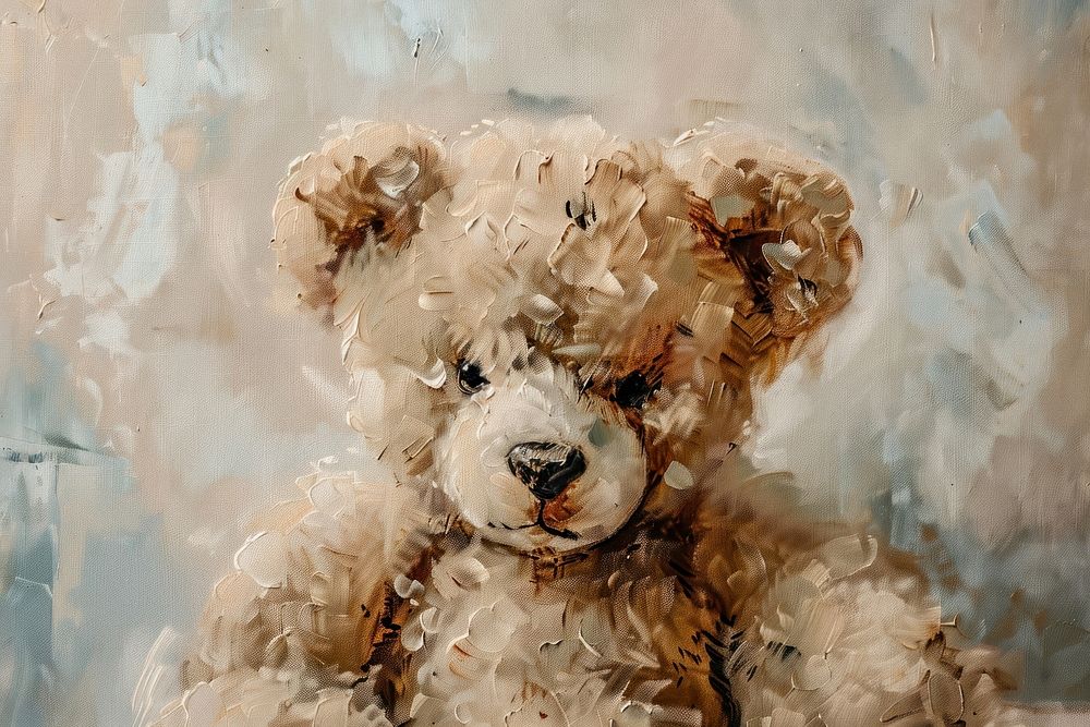 Oil painting of a close up on pale teddy bear drawing mammal animal.