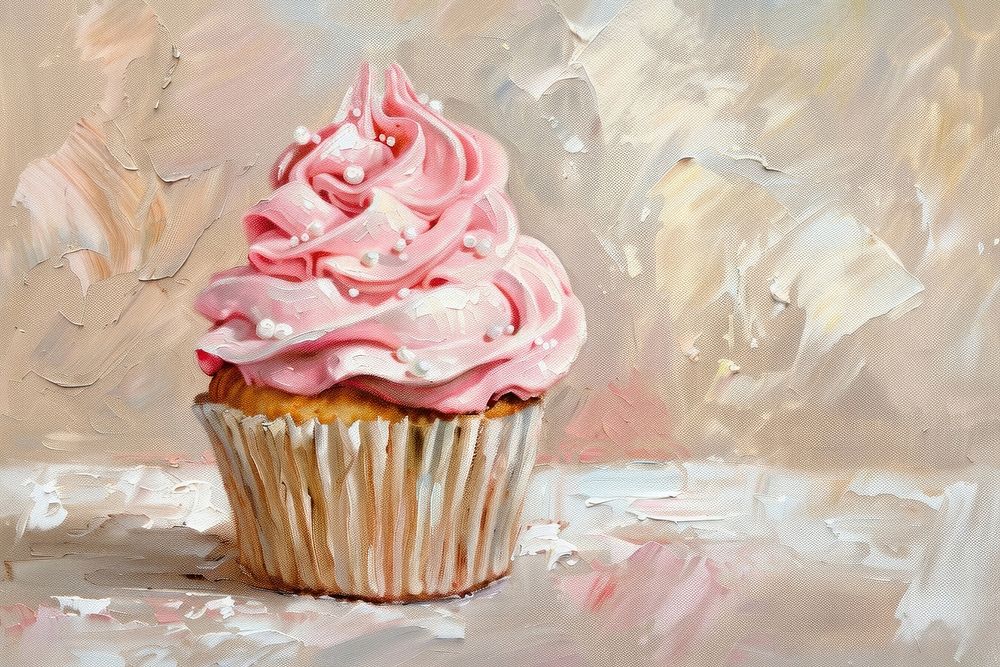 Oil painting of a close up on pale cupcake dessert icing cream.