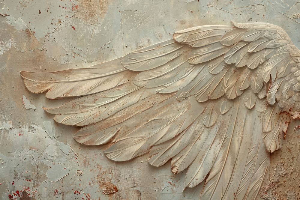 Oil painting of a close up on pale wings backgrounds angel wood.