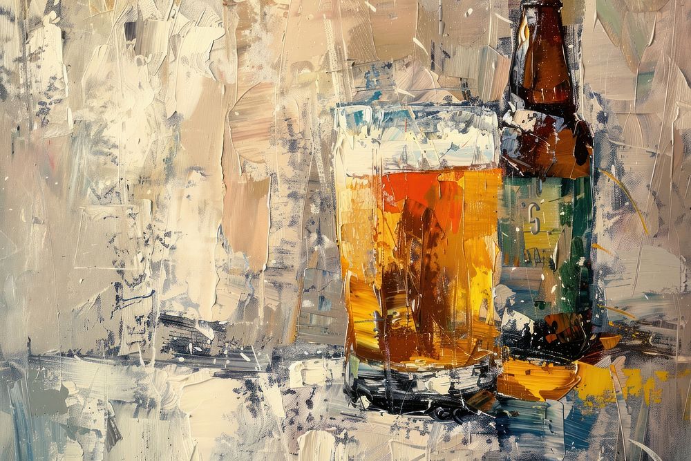 Oil painting of a close up on pale beer backgrounds glass drink.