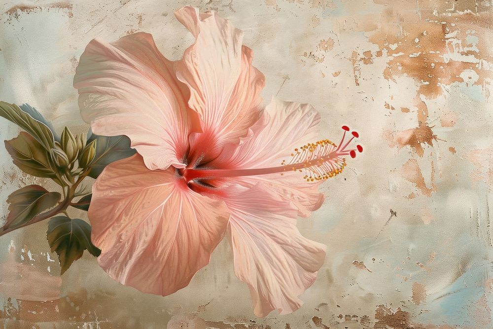 Oil painting of a close up on pale hibiscus blossom flower plant.