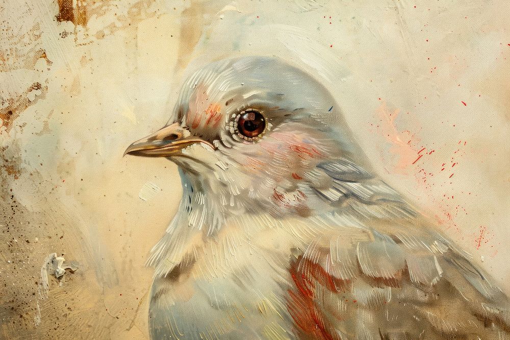 Oil painting of a close up on pale bird drawing animal beak.