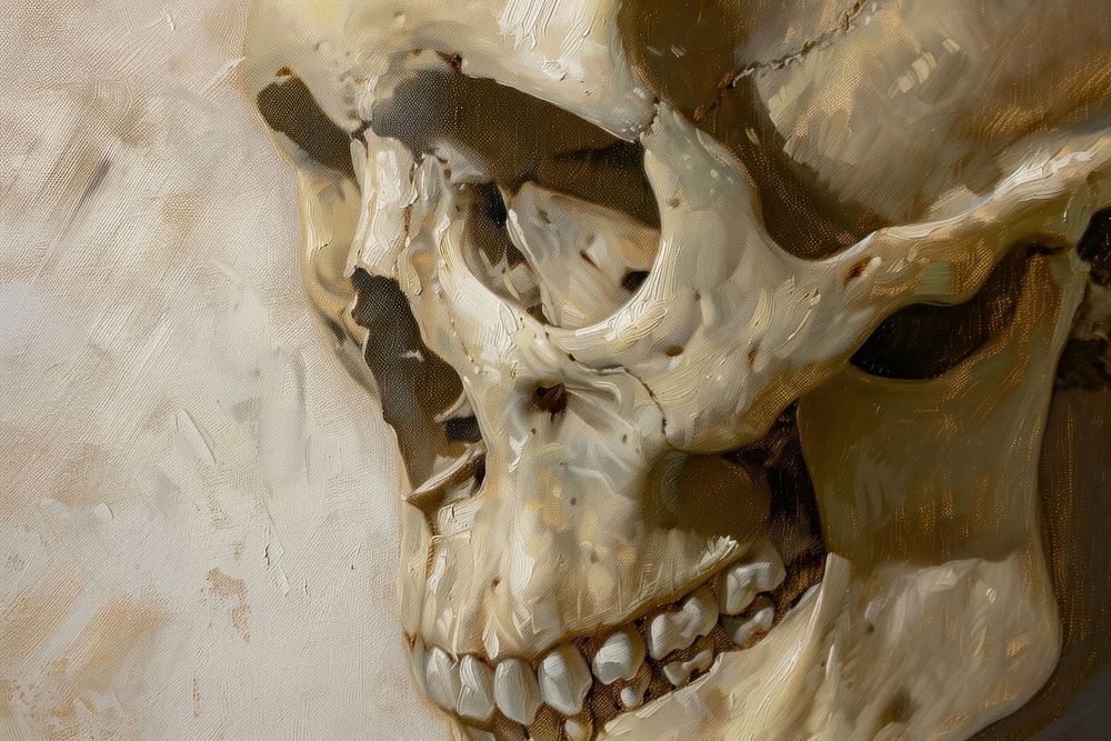 Oil painting of a close up on pale skull accessories creativity sculpture.