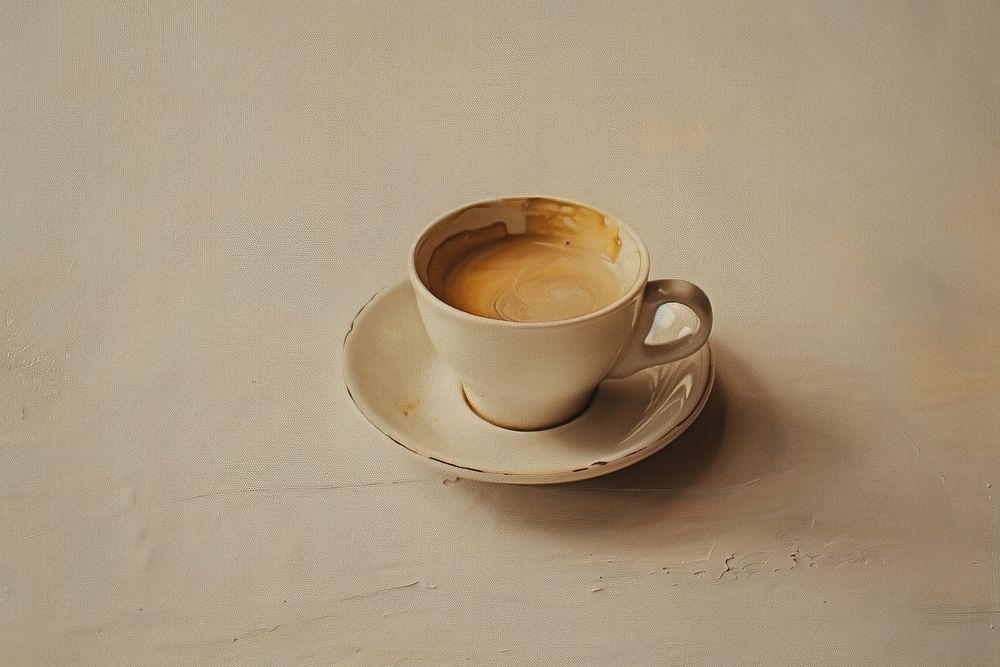 Oil painting of a close up on pale coffee saucer drink cup.