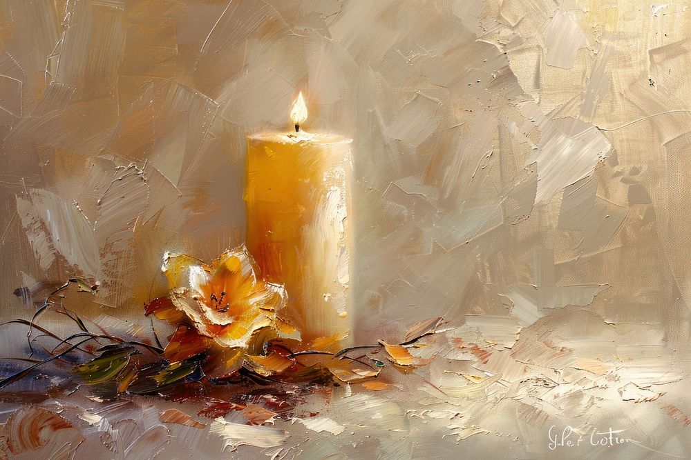 Oil painting of a close up on pale candle lighting igniting burning.