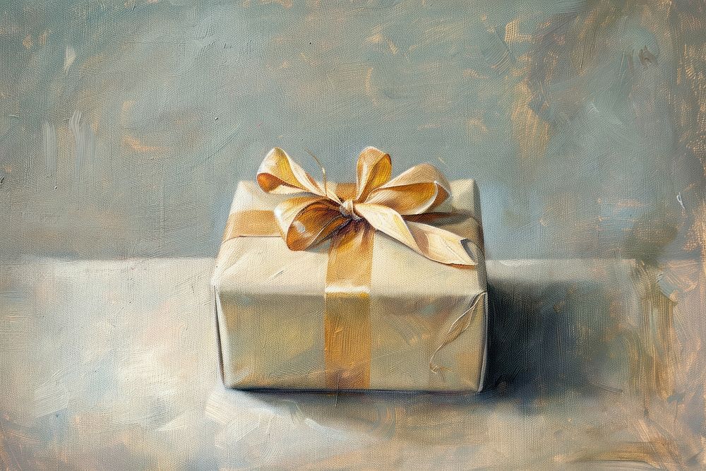 Oil painting of a close up on pale gift box celebration accessories decoration.