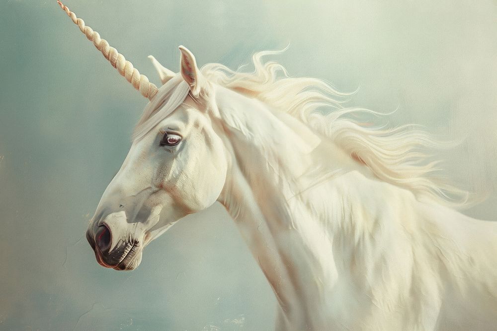 Oil painting of a close up on pale unicorn stallion animal mammal.