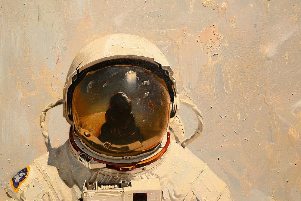 Oil painting of a close up on pale astronaut protection headwear outdoors.