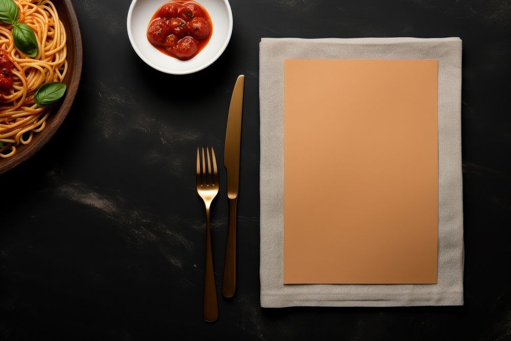 Paper menu mockup spaghetti cutlery ketchup.