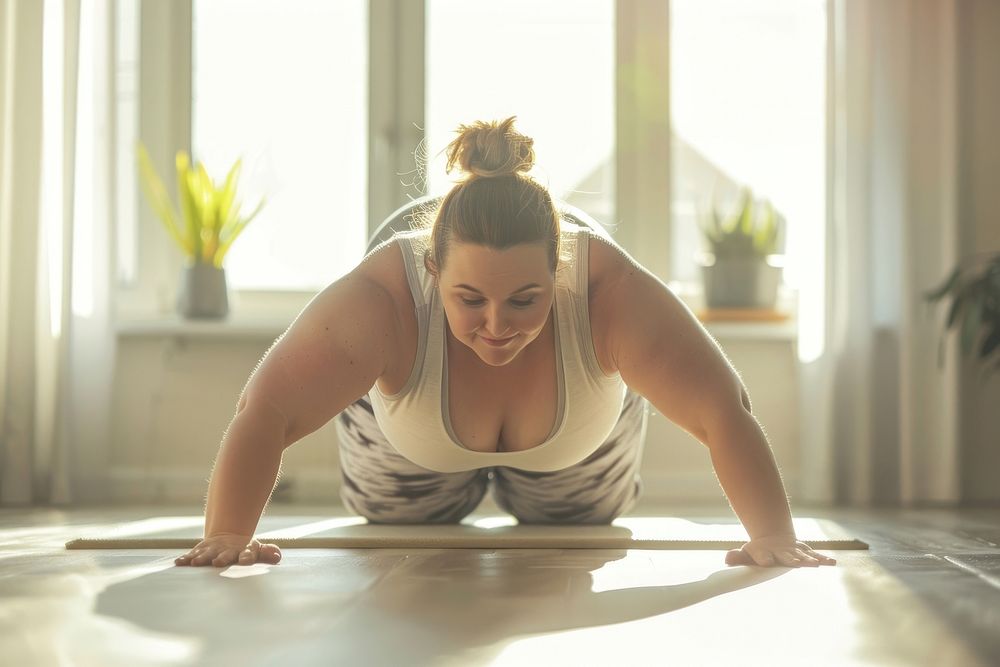 A happy chubby woman doing push up exercise sports concentration.