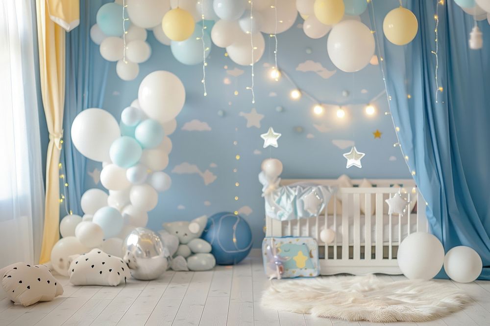 A room decorate for baby welcoming event with balloons furniture nursery architecture.