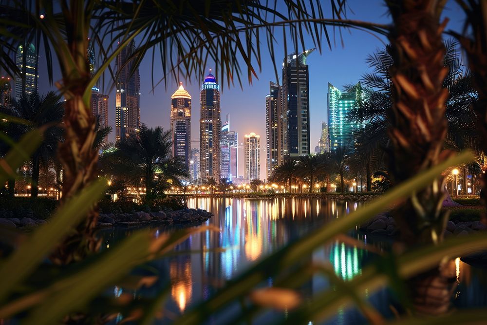 Complex buildings in Abu Dhabi cityscape through palm tree park architecture metropolis landscape.