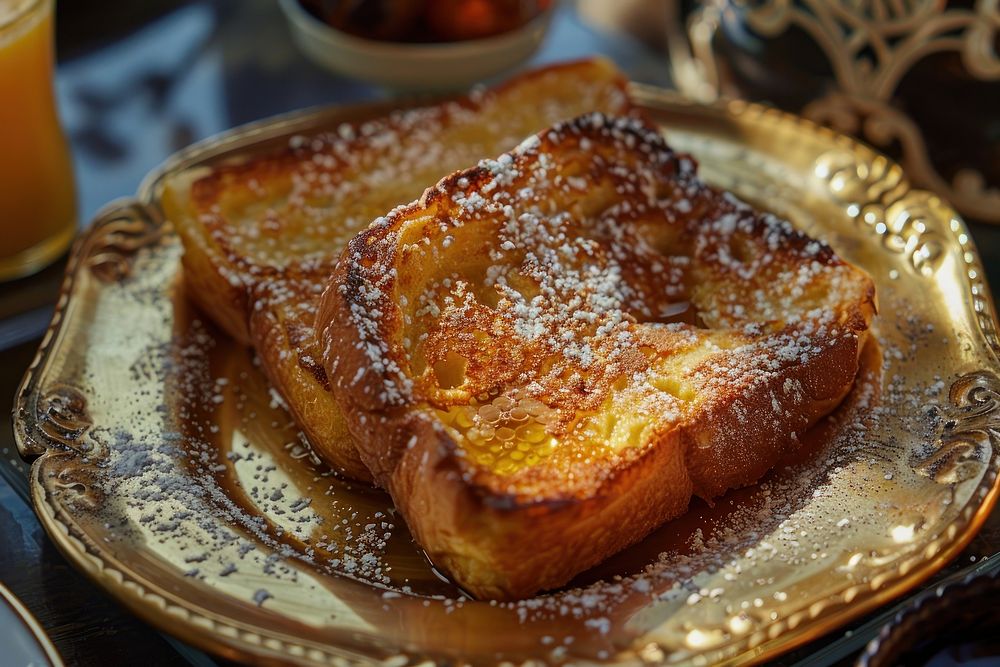 Focaccia French Toast on golden plate breakfast bread toast.