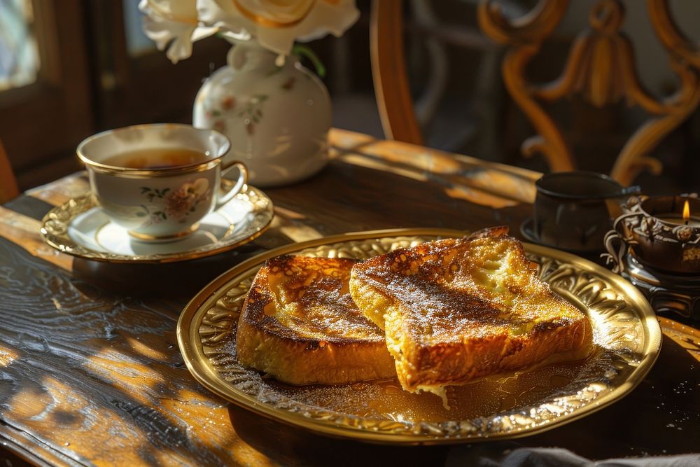 Focaccia French Toast on golden plate breakfast toast food.