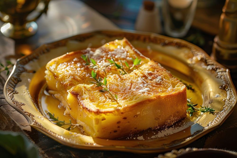 Focaccia French Toast on golden plate breakfast food freshness.