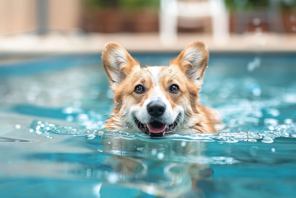 Happy corgi swiming in a pool mammal animal dog.
